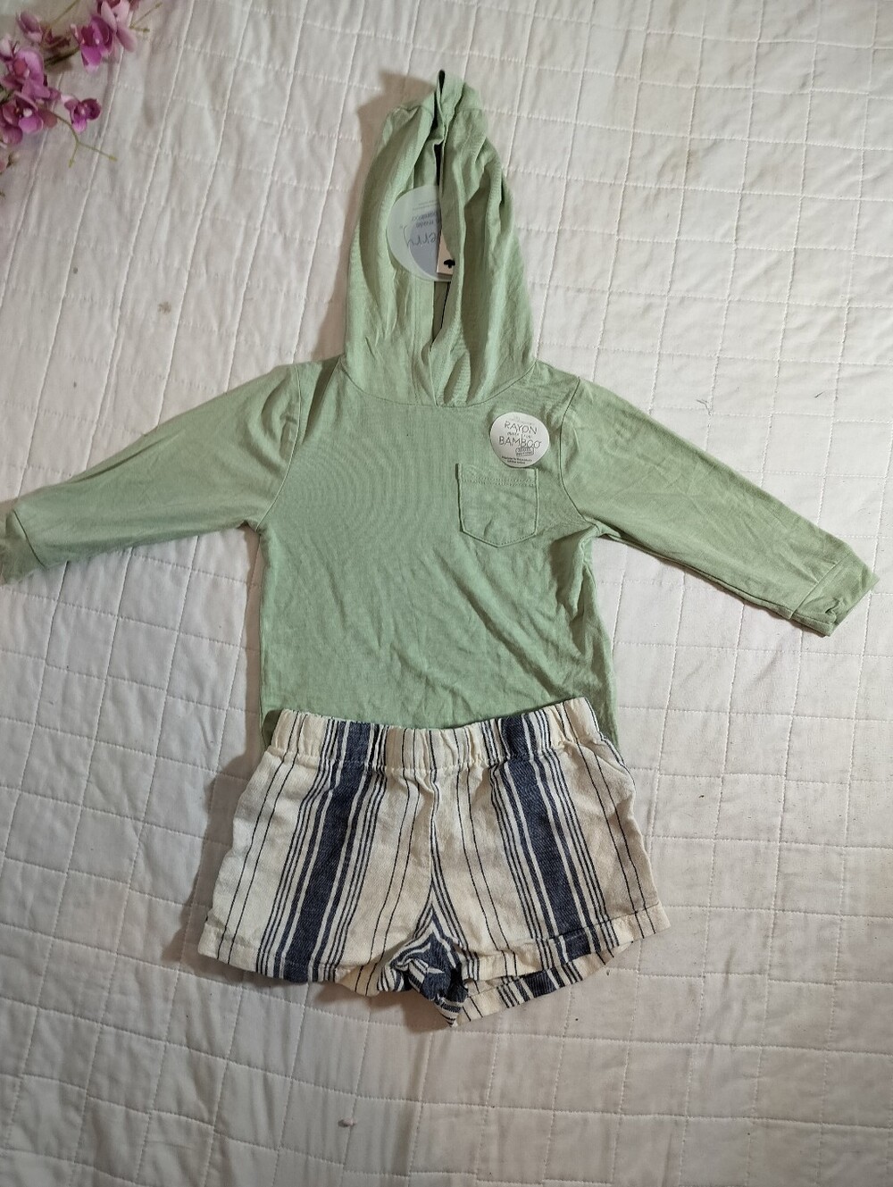 Green Hooded Top and Striped Shorts